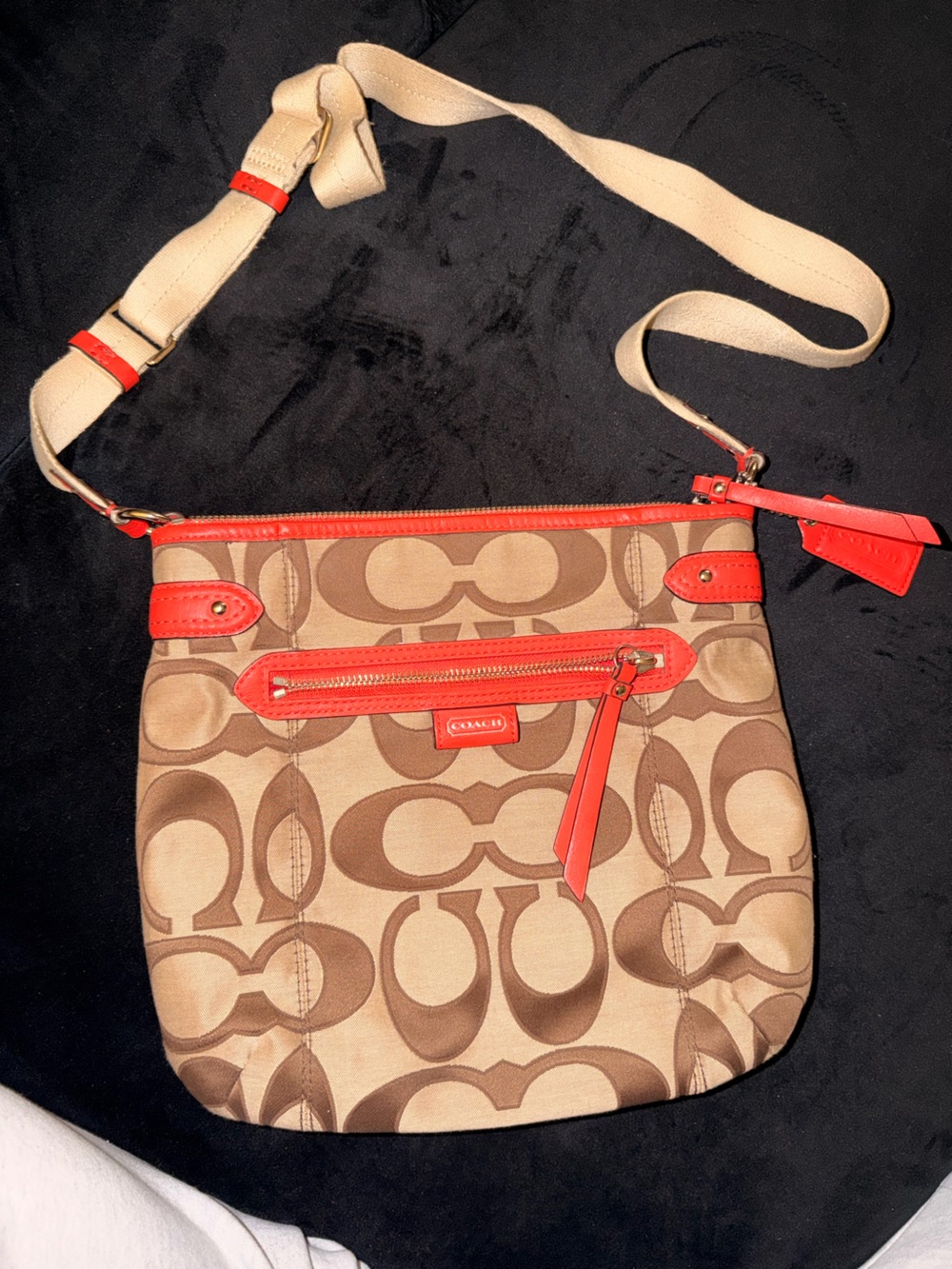 Coach Signature Canvas Crossbody in Tan with Red Trim